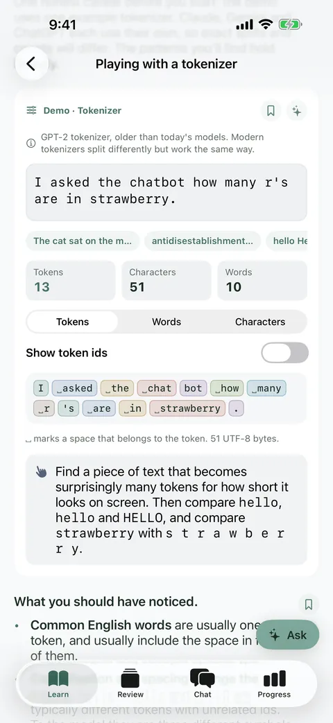 Learn AI on iPhone: a lesson where you play with a tokenizer